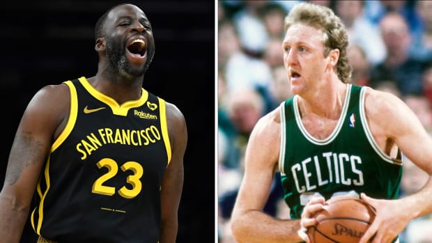 A split image of Draymond Green and Larry Bird.